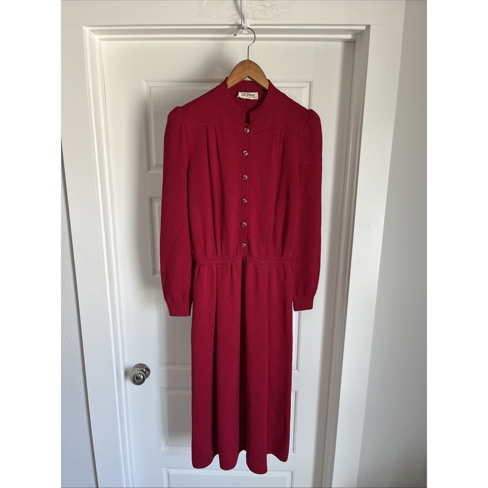 St John Marie Gray Vtg Red Santana Knit FrontButton Midi Dress 6 Oldmoney Modest